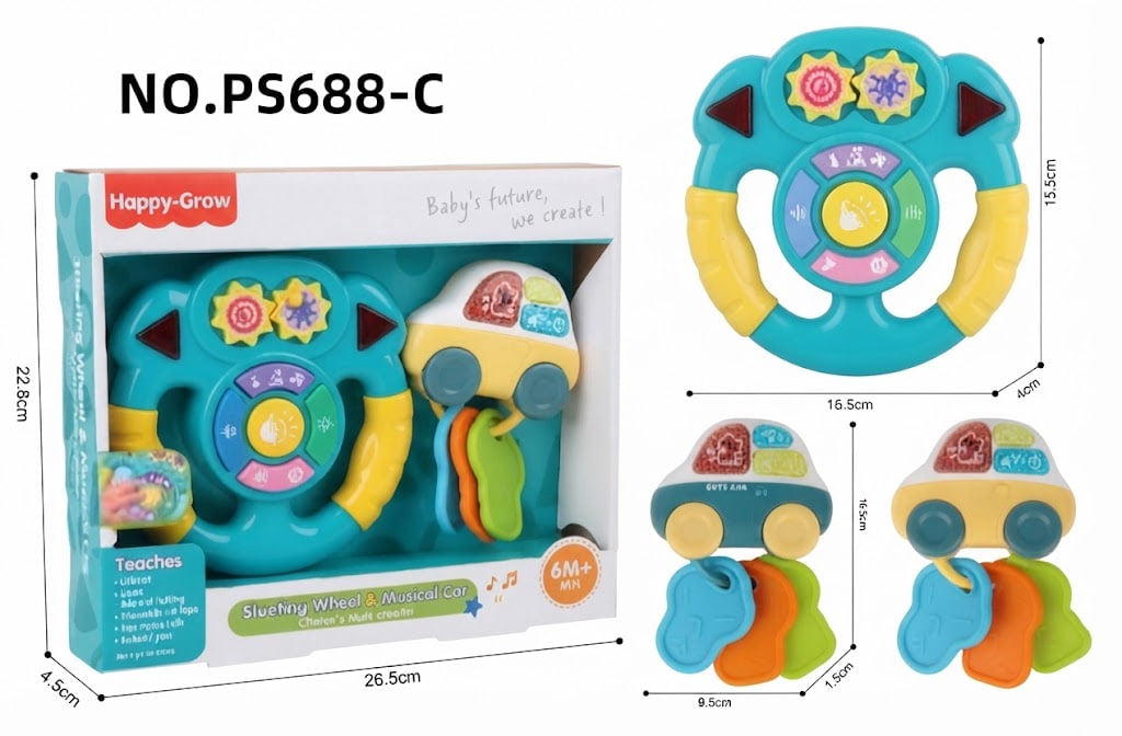 Happy-Grow baby steering wheel and music car toy set shown with its retail box and three separate pieces laid out on a white background. The image includes printed dimensions around the product and box, and the text 'NO.