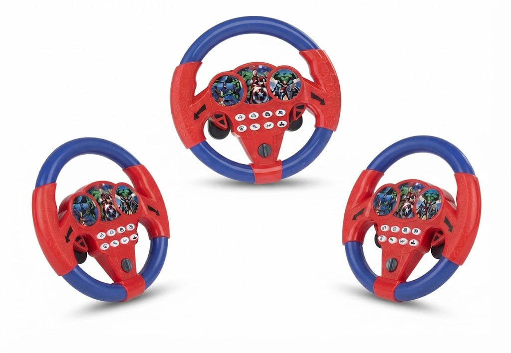 Three red and blue toy steering wheel controllers with colorful graphic details, arranged on a plain white background.