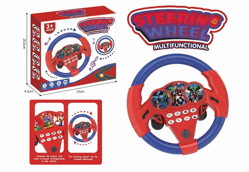 A children's steering wheel toy shown with its retail box, a large front view of the toy wheel, and two smaller inset views showing buttons and usage. The product is predominantly red and blue, with cartoon character graphics on the wheel face.