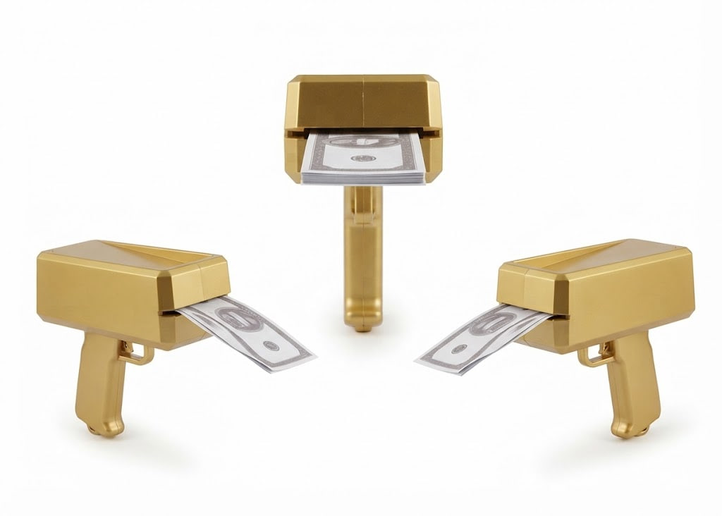 Three gold novelty gun-shaped cash dispensers on a white background, each showing a U.S. dollar bill emerging from the front.