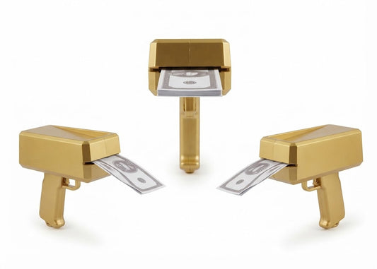 Three gold novelty gun-shaped cash dispensers on a white background, each showing a U.S. dollar bill emerging from the front.