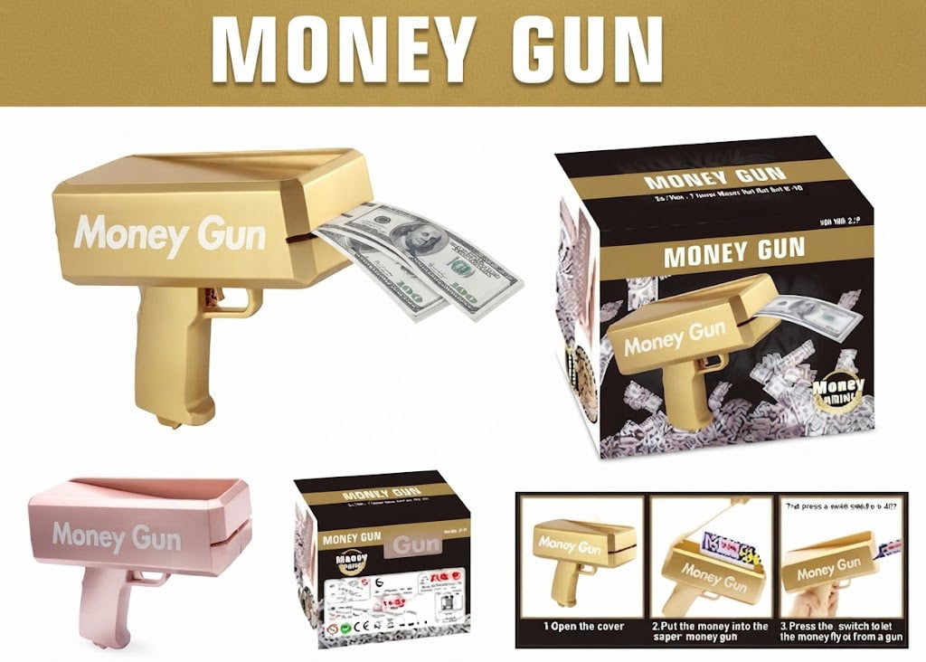 A product collage for a novelty toy called Money Gun, showing a gold version with cash emerging from it, a pink version, and multiple retail boxes on a white background with a tan header reading MONEY GUN.