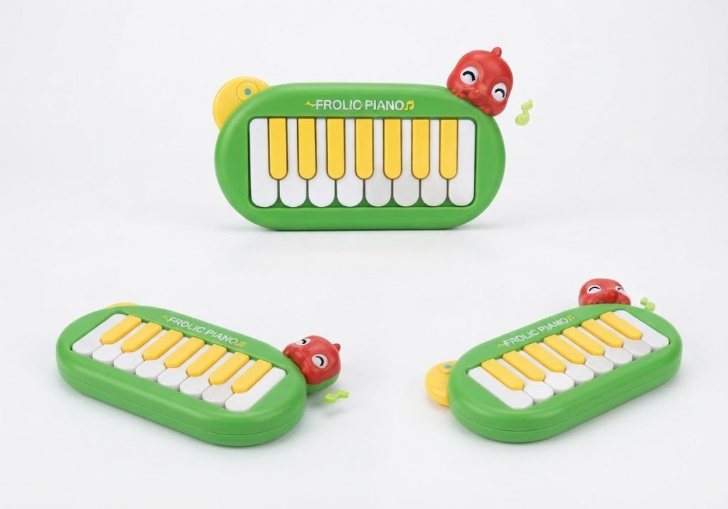 Three green Frolic Piano 2 baby toy xylophones with yellow and white keys, cartoon red birds, and yellow sound waves on a white background.