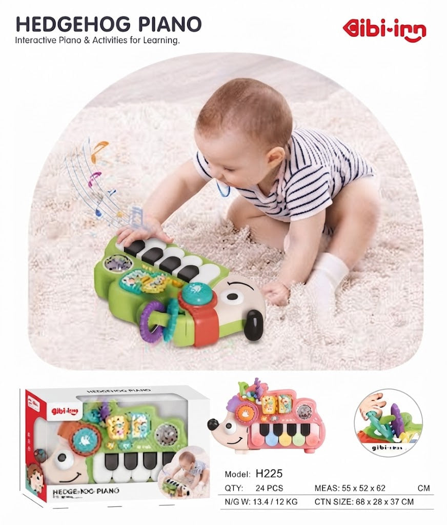 Gibi-ino Hedgehog Piano interactive toy shown with a baby crawling on a white rug, plus product packaging, dimensions, and feature icons on a white background.