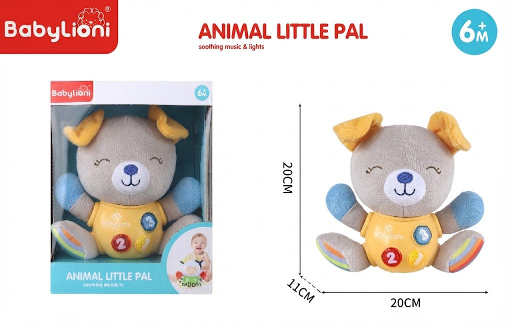 Baby Lioni Animal Little Pal plush toy shown both inside its retail packaging and as an unpackaged product, with dimensions labeled as 20cm by 11cm on a white background.