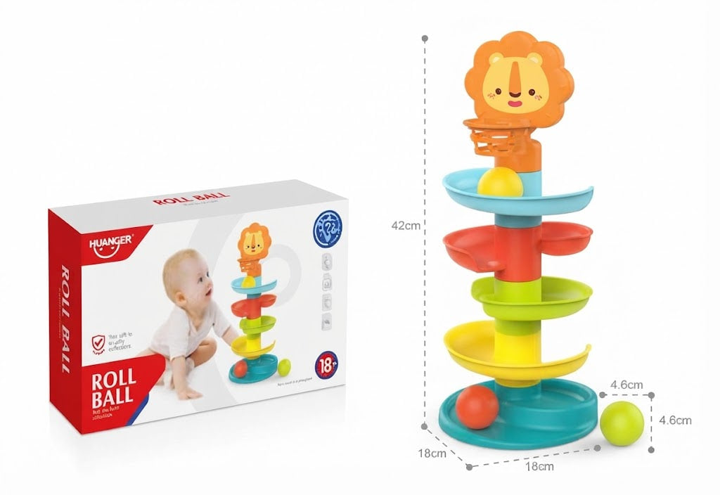 Huang'er Roll Ball baby toy shown with its retail box on a white background, plus overlaid dimension lines indicating the tower height and ball diameters.