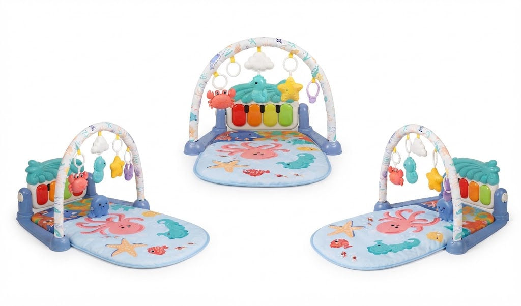 Three views of a baby sensory gym and play mat set with an arched activity frame, featuring colorful hanging toys, a chime bar, and an ocean-themed play mat on a white background.