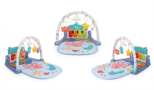 Three views of a baby sensory gym and play mat set with an arched activity frame, featuring colorful hanging toys, a chime bar, and an ocean-themed play mat on a white background.