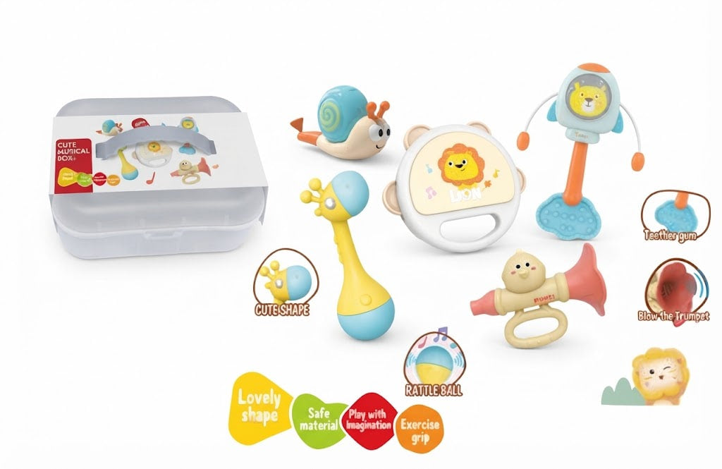 A baby sensory toy set with its packaging box, featuring colorful animal-shaped toys including a giraffe, snail, lion, and a hanging toy, displayed on a clean white background with feature callouts.