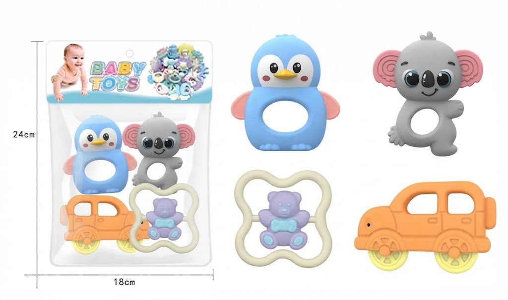 Baby teething toys set in clear packaging on a white background, shown with dimensions marked 24cm by 18cm. The set includes a blue penguin, gray koala, orange car, purple bear, and a cream bone-shaped ring.