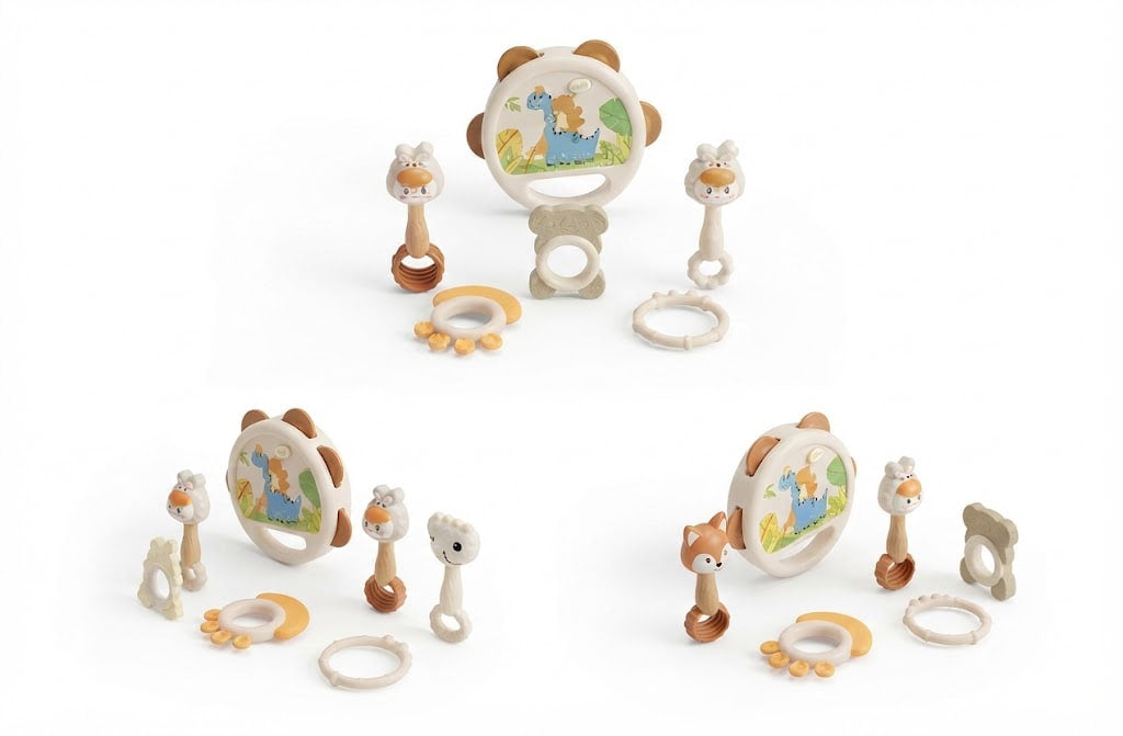 A set of baby teething toys and rings in a soft neutral palette with colorful animal illustrations, arranged on a clean white background.