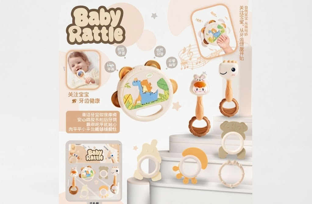 Baby Rattle product display featuring multiple soft silicone baby teething rattle toys in animal shapes including a giraffe, bear, elephant, and duck, shown with packaging and a baby photo on a clean white background with decorative pastel graphics.