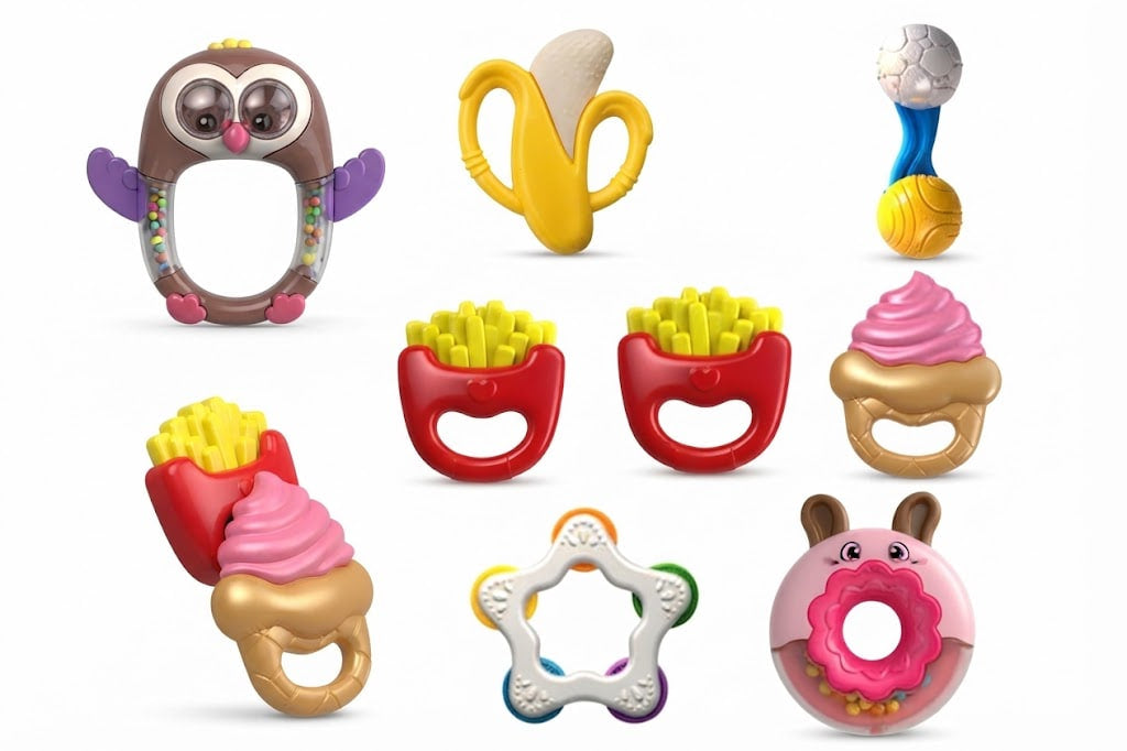A set of baby teething toys arranged on a plain white background, including an owl-shaped ring, a banana-shaped teether, a blue and yellow rattle, two red french-fries-shaped teething rings, a pink cupcake-shaped teether, a pink donut-shaped teether, and a white star-shaped teether with multicolor accents.
