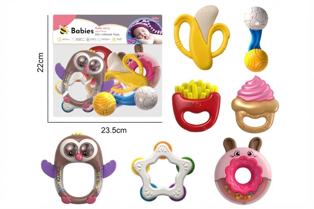 A set of colorful baby teething toys and a retail package shown on a white background, with dimensions labeled 22cm and 23.5cm.