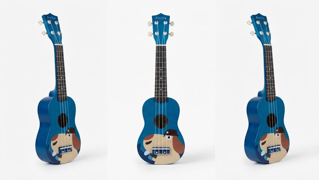 Three views of a blue ukulele with a cartoon dog graphic on the lower bout, shown against a plain white background.