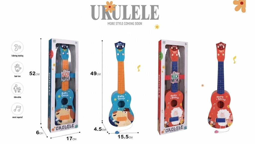 Three colorful children's ukulele toys shown with their retail packaging on a white background, with printed dimensions and feature icons along the left side. The ukuleles have cartoon dog and cat designs and are shown both inside boxes and unpackaged.