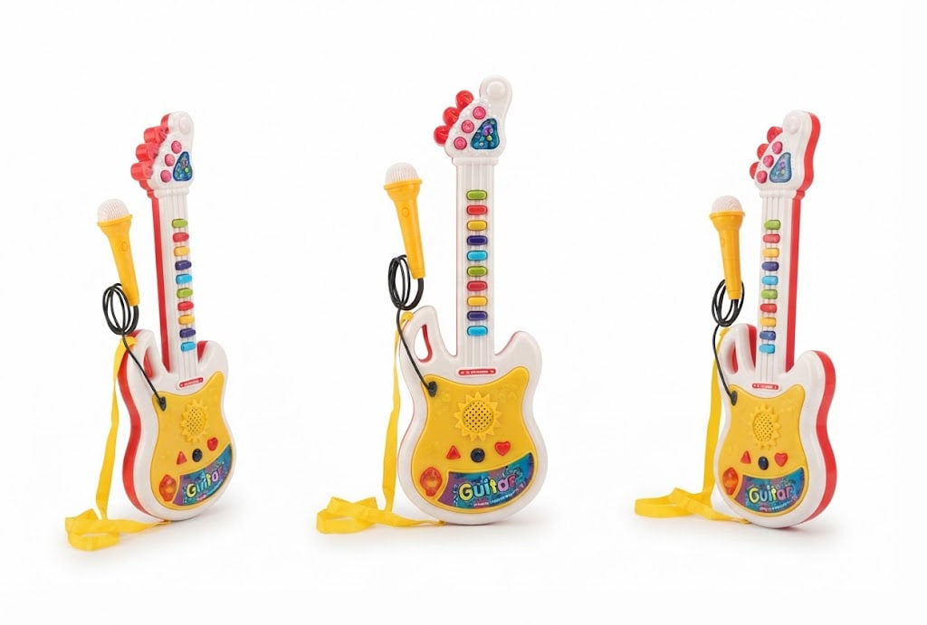 Three colorful toy guitar instruments with attached microphones and straps, displayed side by side on a plain white background.