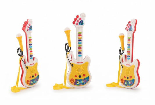 Three colorful toy guitar instruments with attached microphones and straps, displayed side by side on a plain white background.