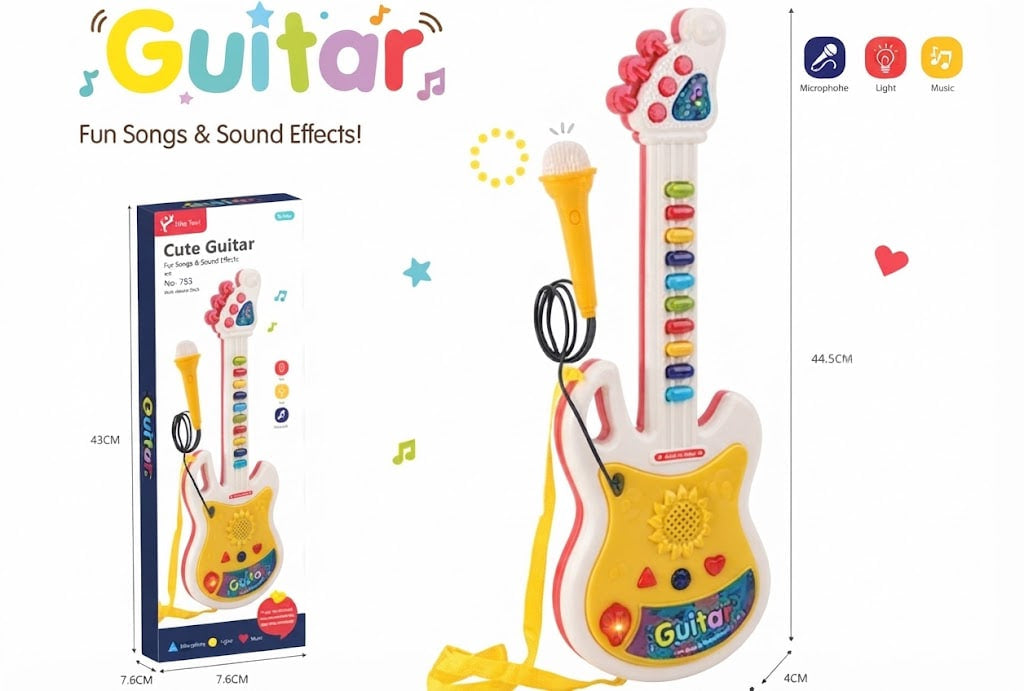 A colorful children's toy guitar with a built-in microphone, shown next to its retail box on a white background. The image includes dimension markings and feature icons indicating it has a microphone, light, and music function.