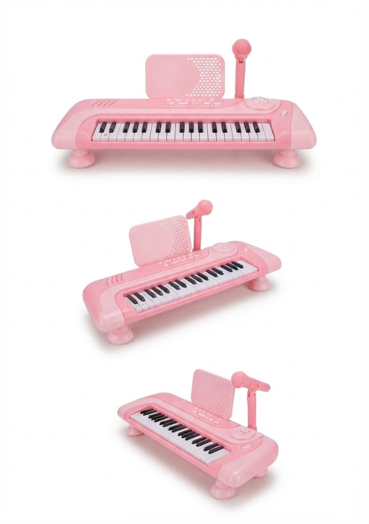 Three views of a pink toy electronic keyboard with a built-in microphone and music stand, shown on a plain white background.