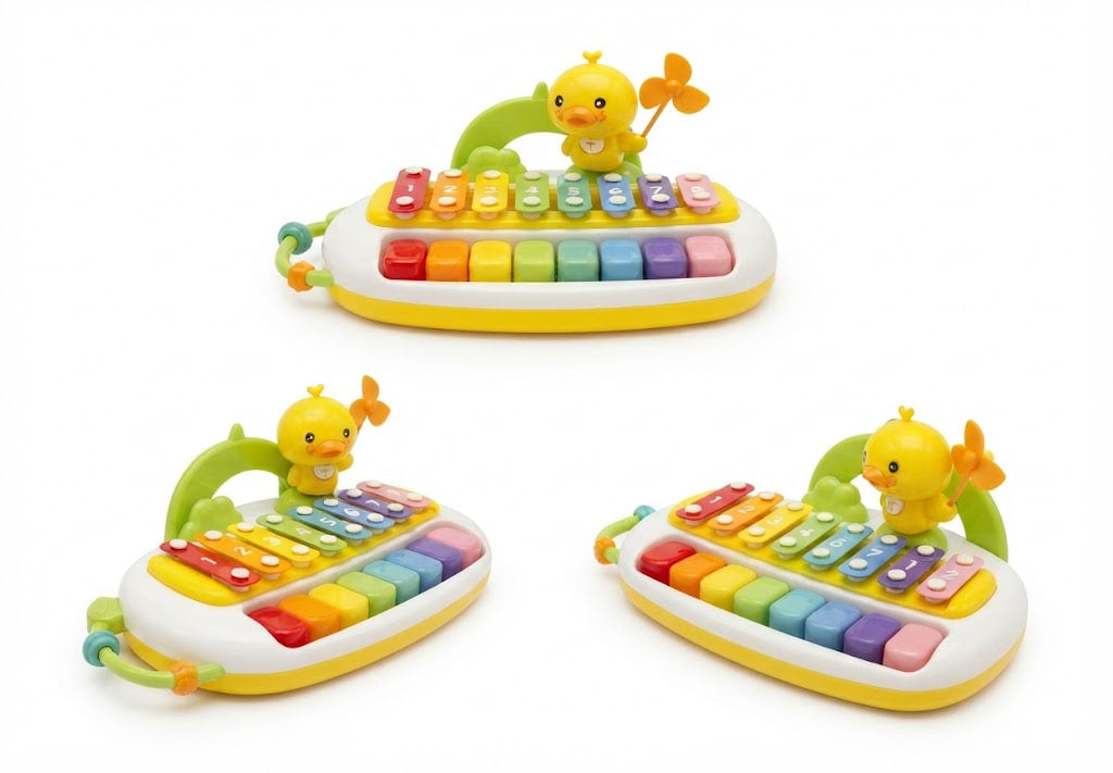 Three views of a colorful baby toy xylophone shaped like a duckling, featuring rainbow keys, a green handle, and a yellow duck figure on a white background.