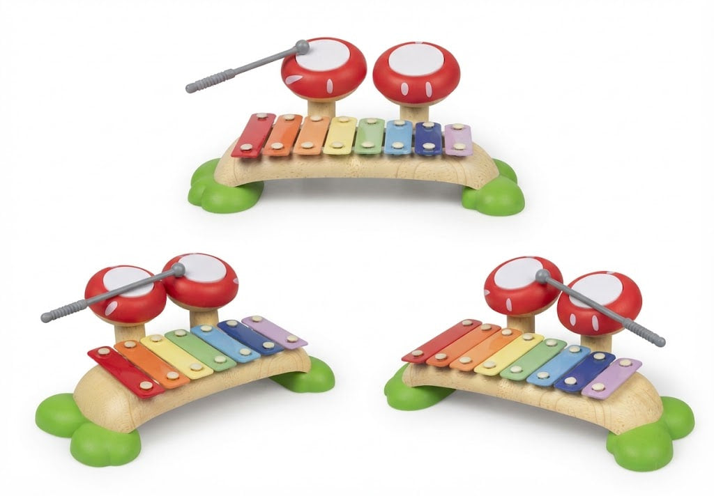 Three views of a children's wooden xylophone toy with mushroom-shaped drum heads and gray mallets, shown on a plain white background.