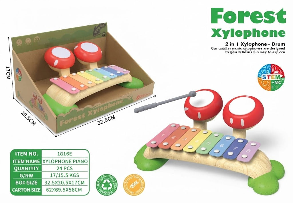 A children's wooden xylophone toy shown both inside its cardboard packaging and as a standalone product on a white background. The xylophone has colorful wooden keys in rainbow shades, two red-and-white mushroom-shaped mallets, and green base accents.