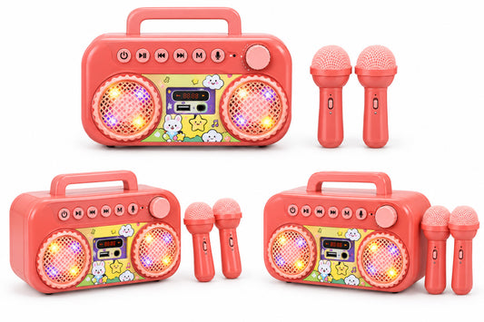 Three views of a children's toy karaoke set featuring coral pink portable boomboxes with built-in microphones, decorative cartoon graphics, and glowing LED speaker grilles on a white background.
