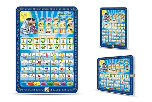 Three views of a colorful children's educational tablet game on a white background, showing the main screen with cartoon characters and buttons, plus two smaller angled views.