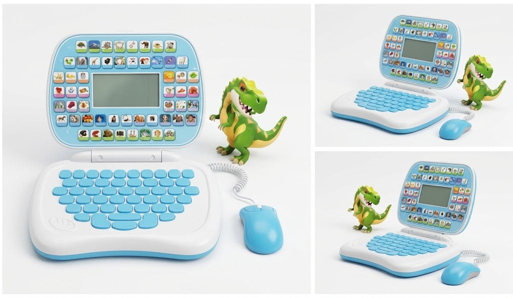 A children's toy laptop computer shown in a three-panel collage on a white background. The main panel shows the open toy laptop with a light blue screen, white base, light blue keyboard, attached blue mouse, and a small green dinosaur figure beside it.