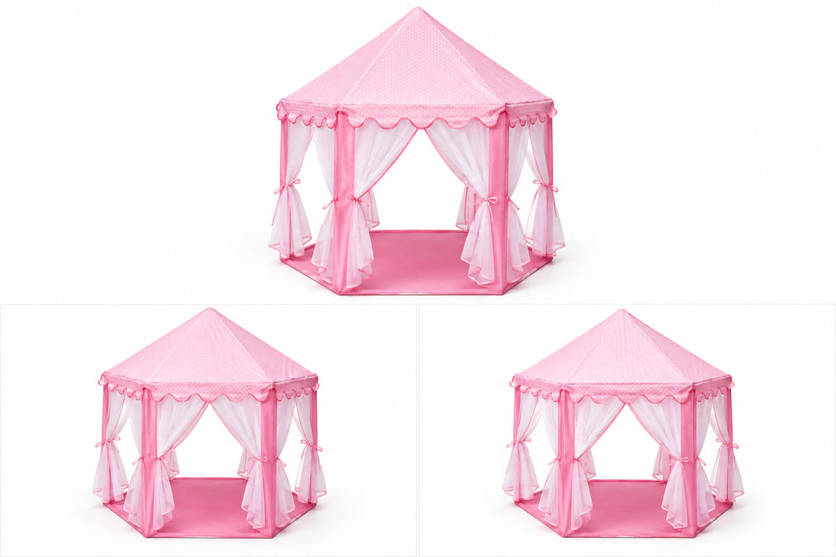 Pink play tent with white sheer curtains and scalloped trim, shown from three angles on a white background.
