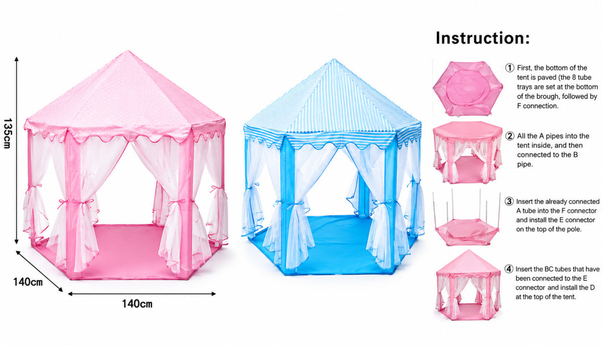 Pink and blue children's play tents with attached drapes, shown on a white background with an instruction panel on the right detailing how to assemble the tubes and connectors.