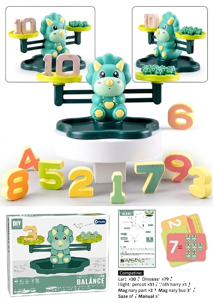 A children's wooden balance toy set featuring a green dinosaur-shaped balance scale with colorful number blocks and small plant pieces, shown with the product pieces, packaging box, and instruction sheet on a white background.