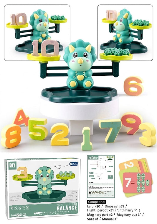 A children's wooden balance toy set featuring a green dinosaur-shaped balance scale with colorful number blocks and small plant pieces, shown with the product pieces, packaging box, and instruction sheet on a white background.