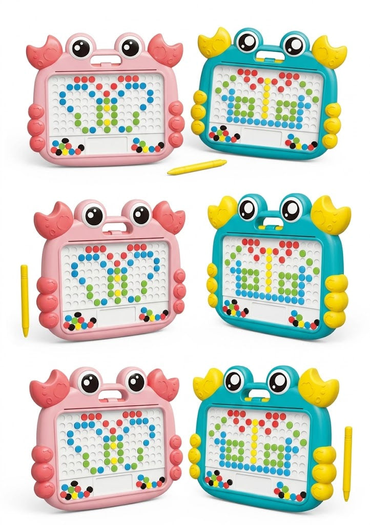 Six children's magnetic drawing boards shaped like crabs, arranged in a 2x3 grid. The set includes two pink crabs and two teal crabs, each with yellow accents, featuring white magnetic pegboards with colorful beads and drawing lines.