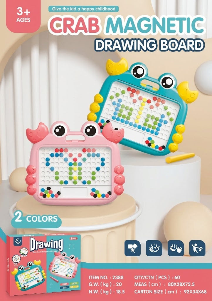 A children's crab-shaped magnetic drawing board shown in two colors: pink and teal. The image is a product advertisement with text overlays, dimensions, and a packaging box at the bottom, set against a soft beige background with decorative columns.