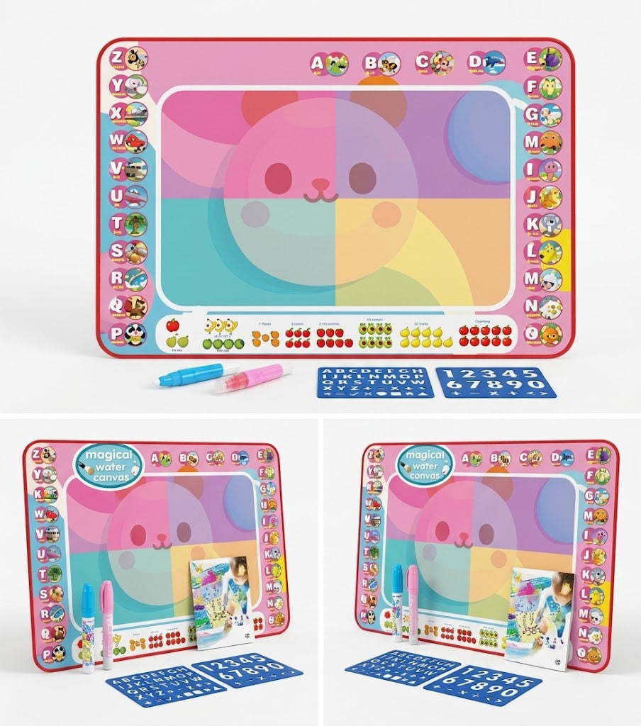 A children's magnetic drawing board set shown from multiple angles on a white background. The pink-bordered board features a large pastel bear face, alphabet letters around the edge, number stickers, and two markers placed in front.