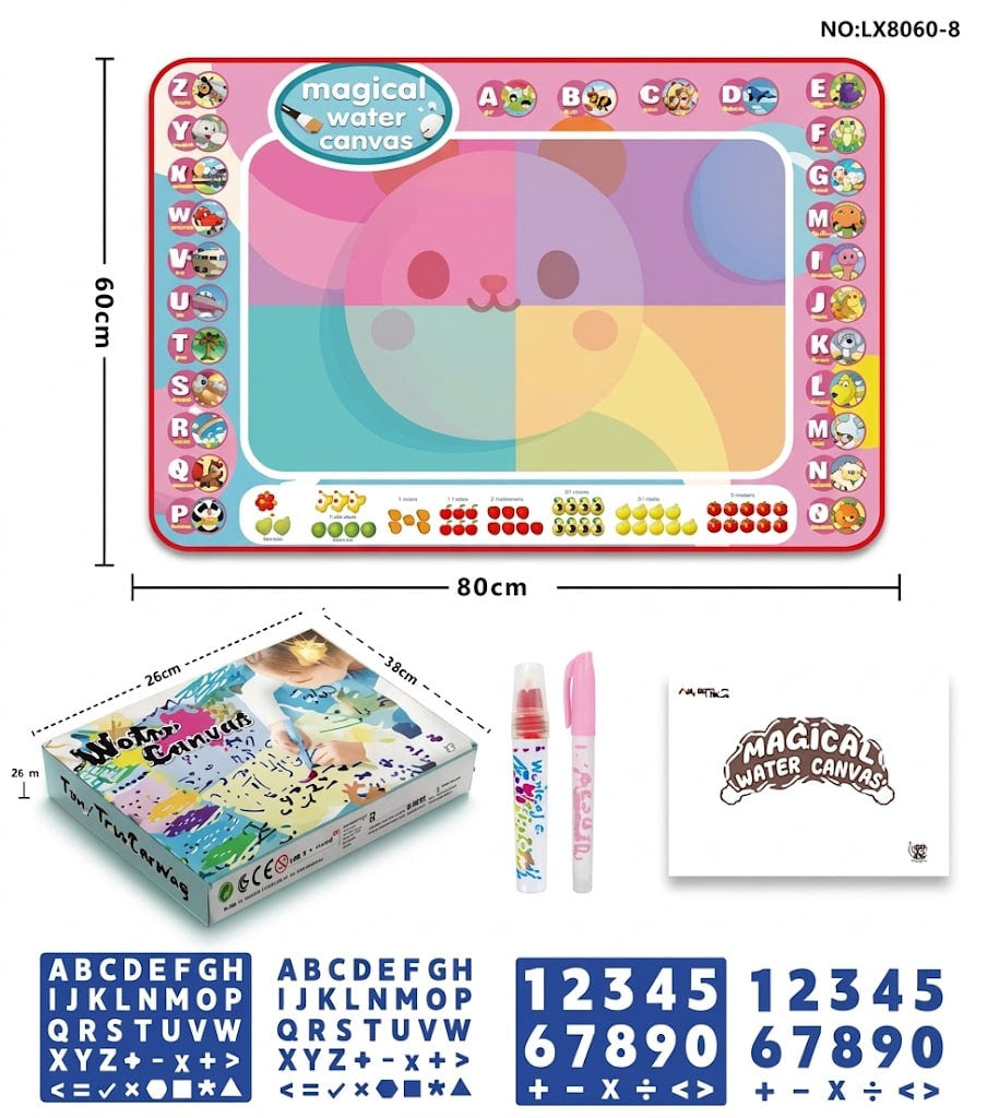 A children's magnetic water-color canvas drawing board set shown with its box, marker, eraser, and printed alphabet/numbers on a white background. The main board is pink with a large pastel bear face and colorful border characters; dimensions 60 cm by 80 cm are labeled on the image.