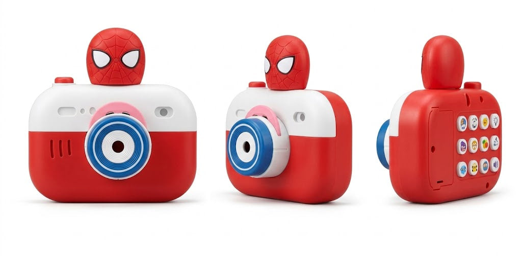 A red and white toy camera phone featuring a Spider-Man head on top, shown from three angles: front, side, and back. The back shows colorful toy keypad buttons.