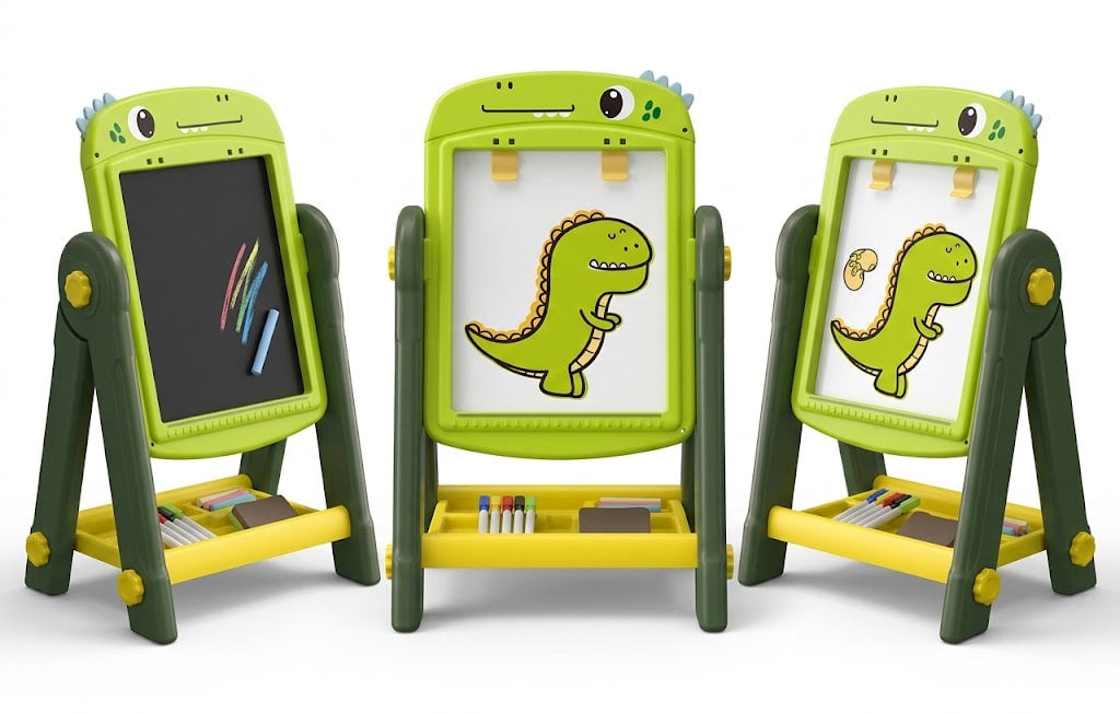 Three children's dinosaur-themed drawing easels shown on a white background. The easels are lime green and dark green with yellow accents, featuring dinosaur faces on the top, white writing surfaces, and storage trays with crayons.