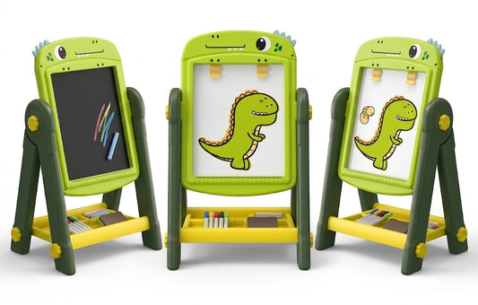 Three children's dinosaur-themed drawing easels shown on a white background. The easels are lime green and dark green with yellow accents, featuring dinosaur faces on the top, white writing surfaces, and storage trays with crayons.