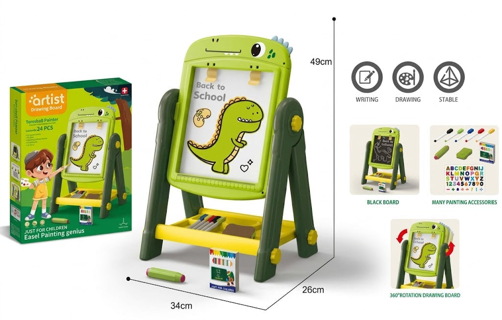 A children's dinosaur-themed magnetic drawing and painting easel shown with its retail box, dimensions, and feature callouts on a white background.