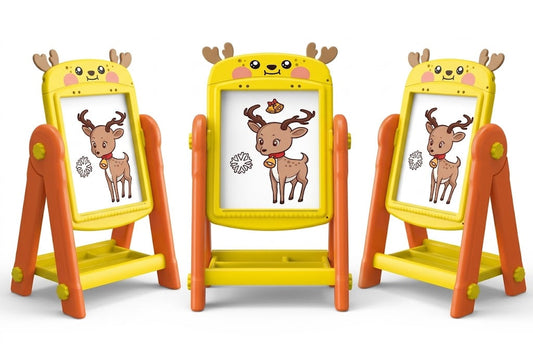 Three children's drawing easels with yellow and orange frames, decorated with cute cartoon deer faces and shown on a white background.