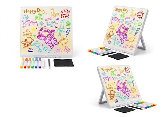 Three views of a children's magnetic drawing board set on a white background, showing the board with colorful doodles, markers, a paintbrush, and a black eraser.