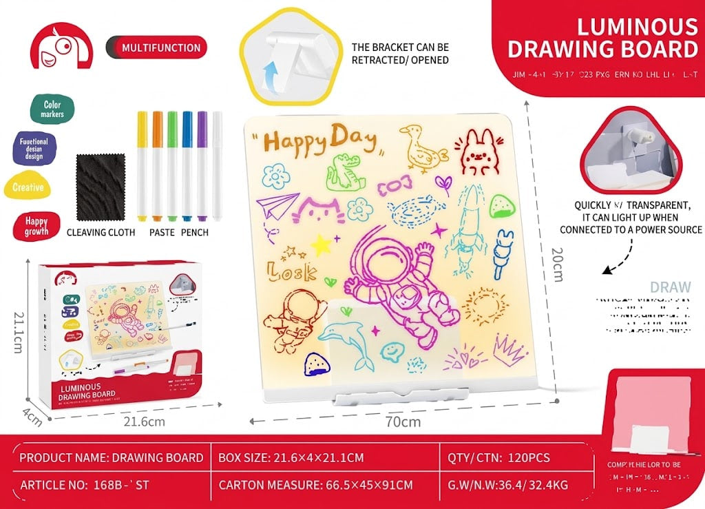 Luminous drawing board set shown on a red and white infographic background with dimensions, included accessories, packaging, and feature callouts. The board is translucent and decorated with colorful doodles, with markers, a cleaning cloth, and other included items displayed around it.