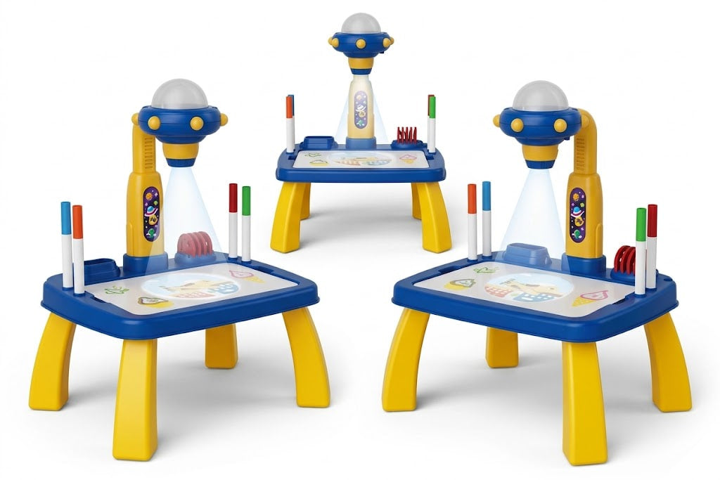 Three children's drawing tables with UFO-themed magnetic dry-erase boards, yellow legs, and colorful drawing accessories, shown on a clean white background.