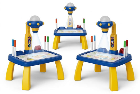 Three children's drawing tables with UFO-themed magnetic dry-erase boards, yellow legs, and colorful drawing accessories, shown on a clean white background.