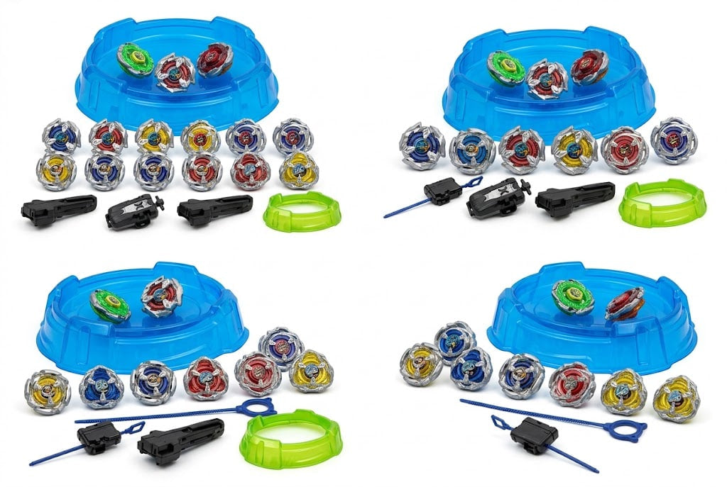 A Beyblade toy set shown in a four-panel grid layout on a white background, featuring blue plastic battle arenas, multiple colorful spinning tops, black launchers, green rings, and blue accessories.