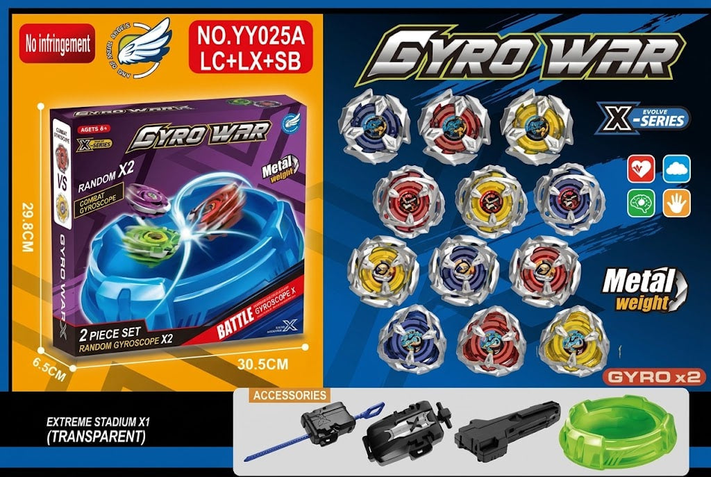 Gyro War Metal Weight X Series gyroscope toy set with 12 spinning tops, a blue stadium, accessories, and retail packaging on a dark blue and orange graphic background.