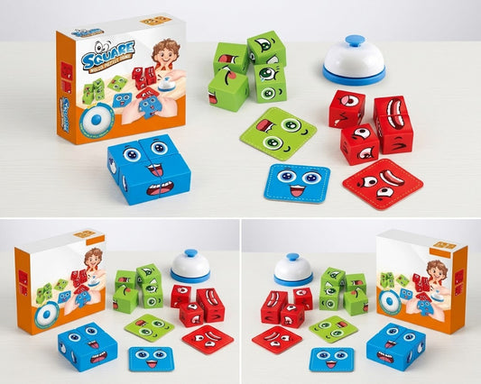 The Squace children's toy set shown in a clean studio-style layout, including an orange and white box, green and blue felt face blocks, red felt emotion blocks, square cards, and a white-and-blue bell. The set is displayed in a single large view and also shown in two smaller side-by-side views at the bottom.